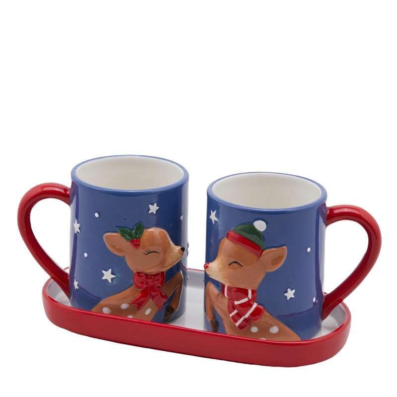 Set 2 Tazze Natalizie Bacio Con Vassoio Blue